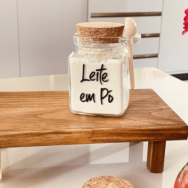ESCOLHA A PERSONALIZAÇÃO POTE QUADRADO COM COLHER E TAMPA DE ROLHA 310 ML